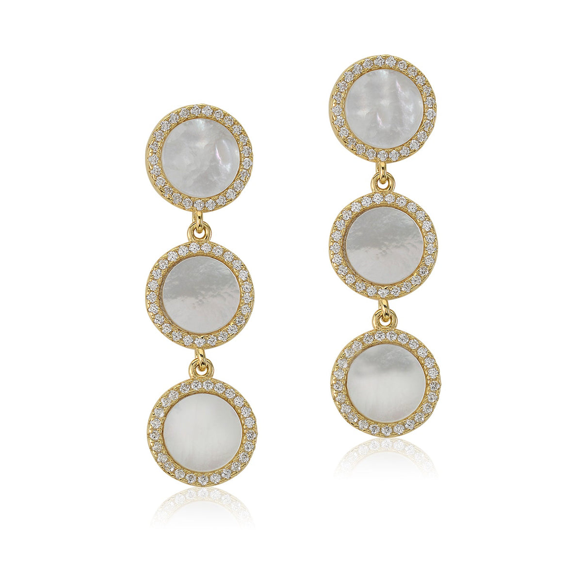 Sterling Silver Yellow Gold Plated CZ Mother of Pearl Triple Round Disc Long Dangle Post Earrings