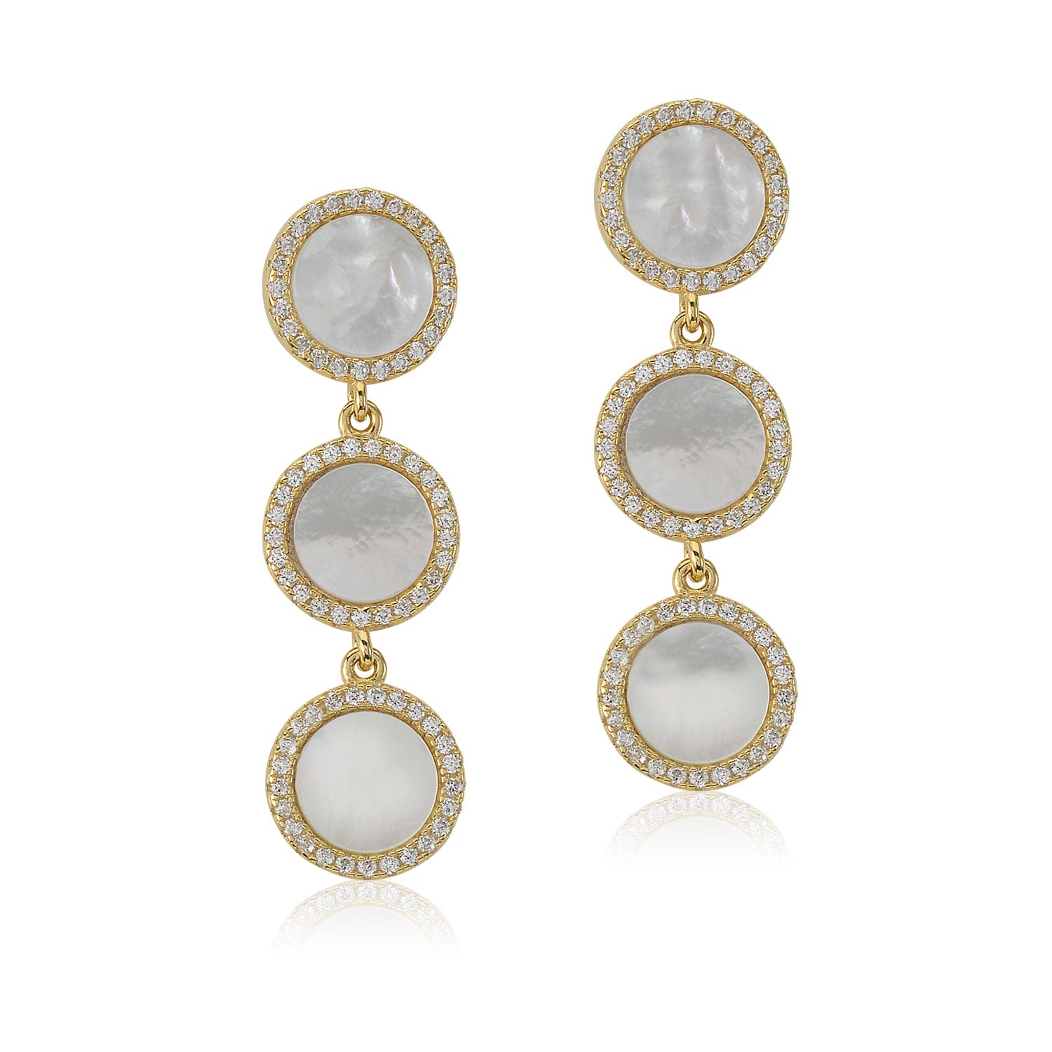 Sterling Silver Yellow Gold Plated CZ Mother of Pearl Triple Round Disc Long Dangle Post Earrings