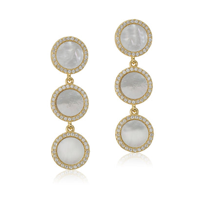Sterling Silver Yellow Gold Plated CZ Mother of Pearl Triple Round Disc Long Dangle Post Earrings