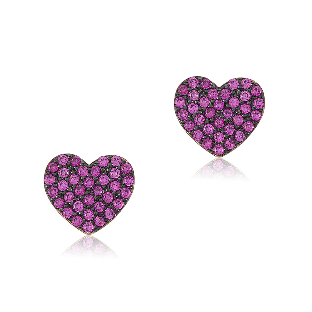 Sterling Silver Rose Gold Plated Black Rhodium Pink CZ Pave Heart Stud Post Earrings