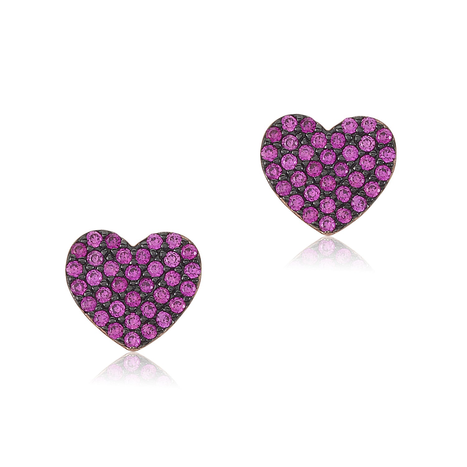 Sterling Silver Rose Gold Plated Black Rhodium Pink CZ Pave Heart Stud Post Earrings