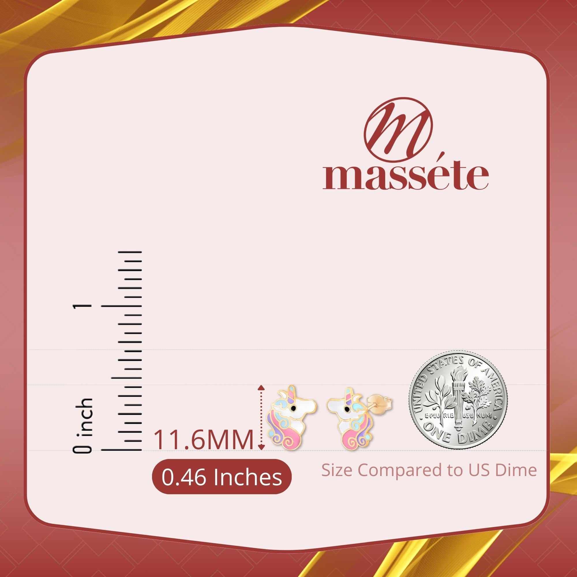 MASSETE 14k Yellow Gold Stud Earrings Unicorn Colorful Enamel for Children and Girls