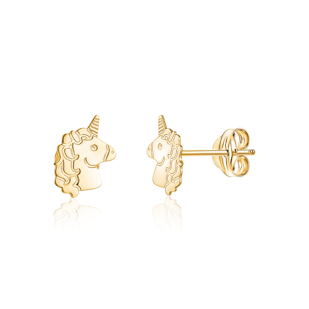 14k Yellow Gold Unicorn Earrings Stud Post Polished Shiny