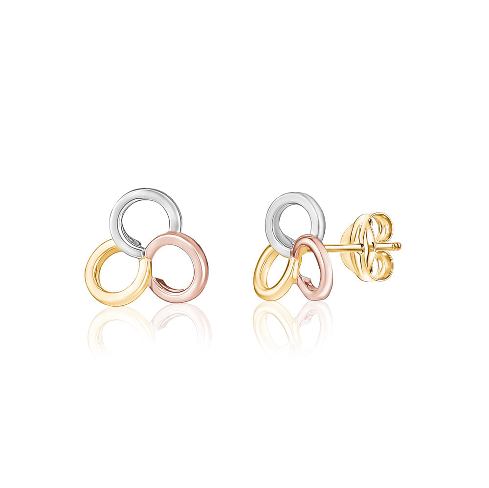 14k Tri Color Gold Borromean Rings Earrings Stud Post Trinity Triple Ring Triangle