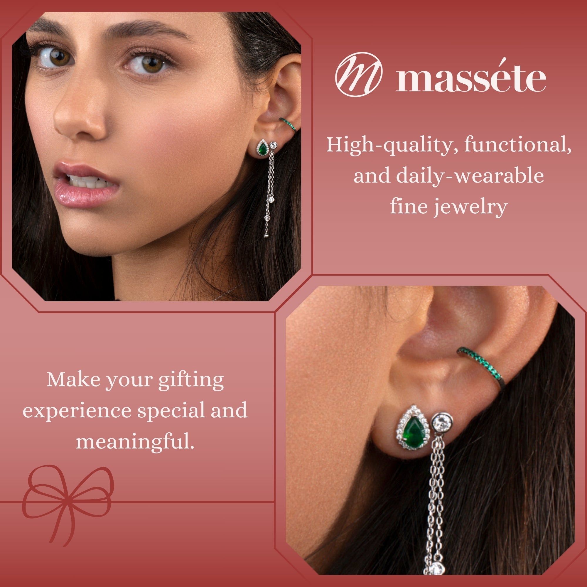 Sterling Silver 925 Triple Strand Long Drop Post Earrings with Bezel Set Simulated Diamonds