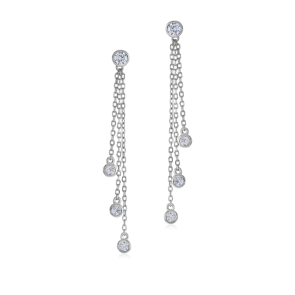 Sterling Silver 925 Triple Strand Long Drop Post Earrings with Bezel Set Simulated Diamonds