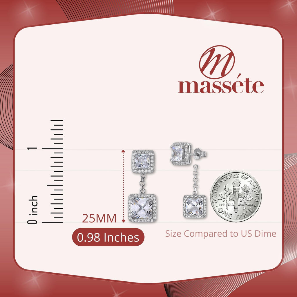 Sterling Silver 925 Simulated Diamond Double Square Halo Drop Dangle Post Earrings with Removeable Stud