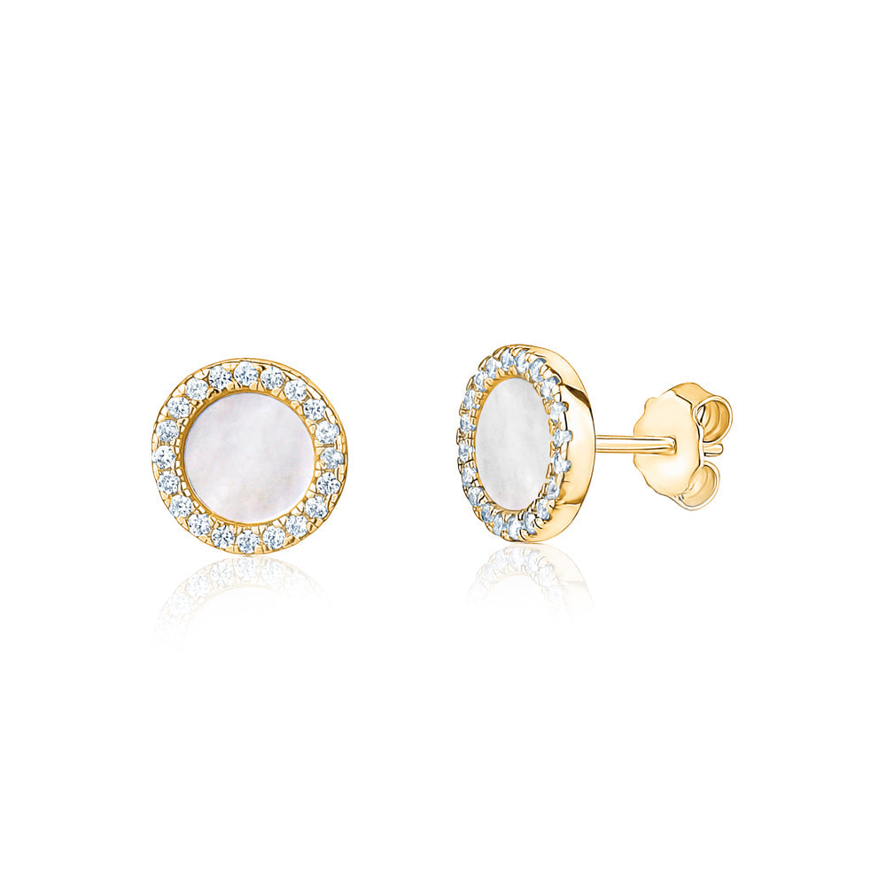 Sterling Silver Disc Stud Earrings Mother of Pearl Simulated Diamonds 10mm
