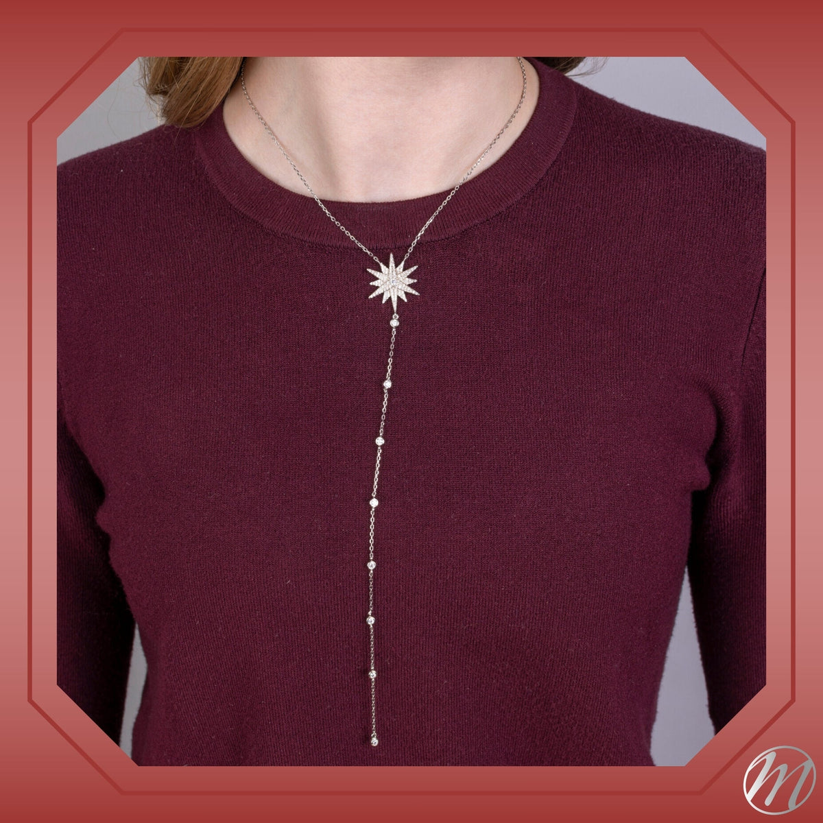 Sterling Silver Long Y Necklace Lucky North Star Lariat Style with Pave Simulated Diamonds 16"