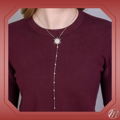 Sterling Silver Long Y Necklace Lucky North Star Lariat Style with Pave Simulated Diamonds 16"