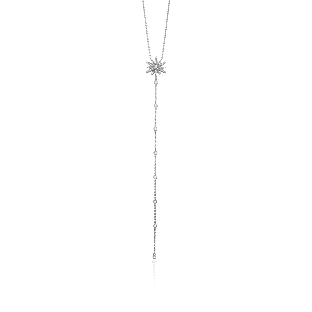 Sterling Silver Long Y Necklace Lucky North Star Lariat Style with Pave Simulated Diamonds 16"