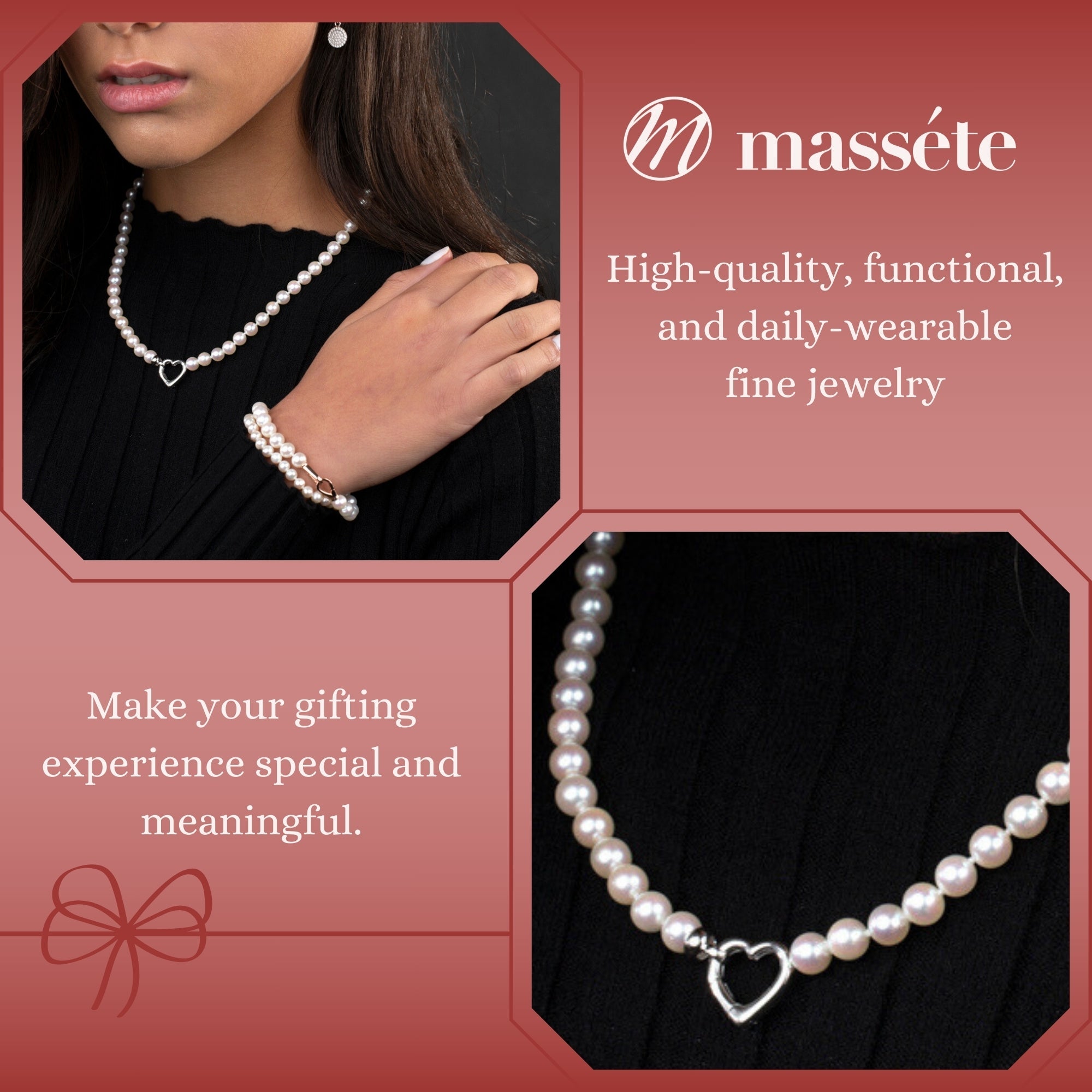 MASSETE White Round Freshwater Cultured Pearl Necklace for Women Sterling Silver Heart Clasp 6.5mm 18"