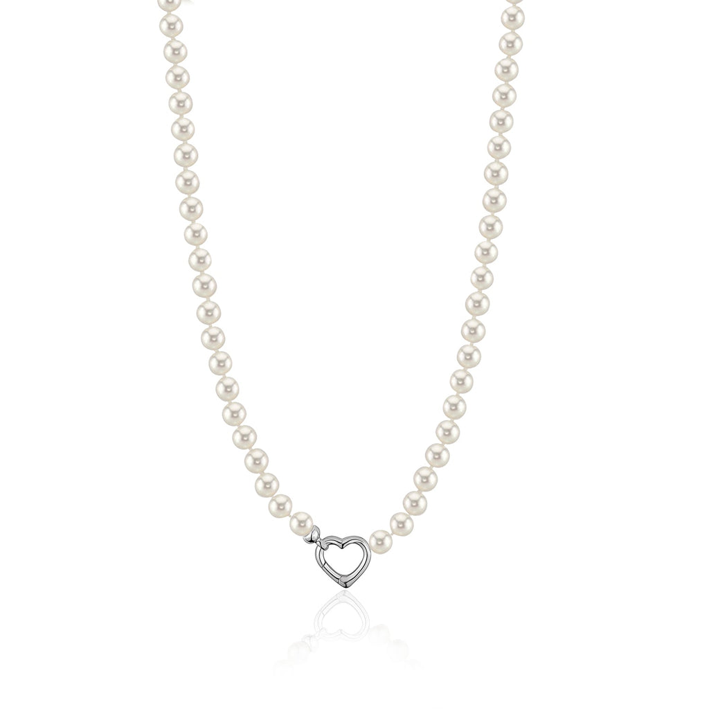 MASSETE White Round Freshwater Cultured Pearl Necklace for Women Sterling Silver Heart Clasp 6.5mm 18"