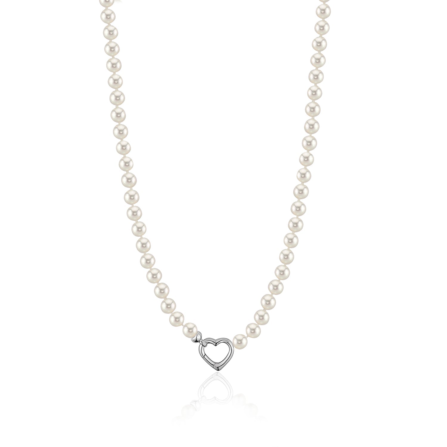 MASSETE White Round Freshwater Cultured Pearl Necklace for Women Sterling Silver Heart Clasp 6.5mm 18"