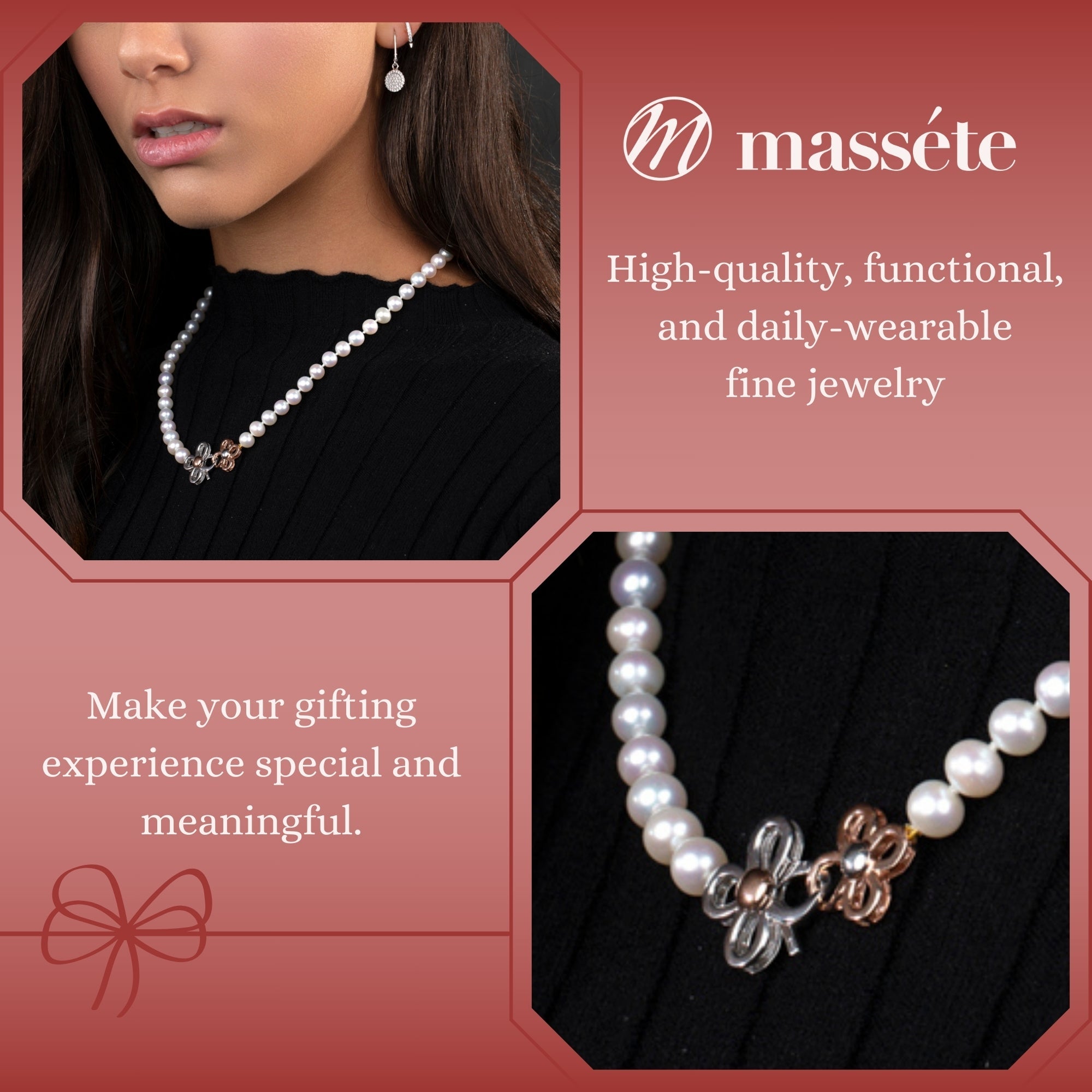 MASSETE White Round Freshwater Cultured Pearl Necklace for Women Sterling Silver Flower Clover Clasp 7mm 19"