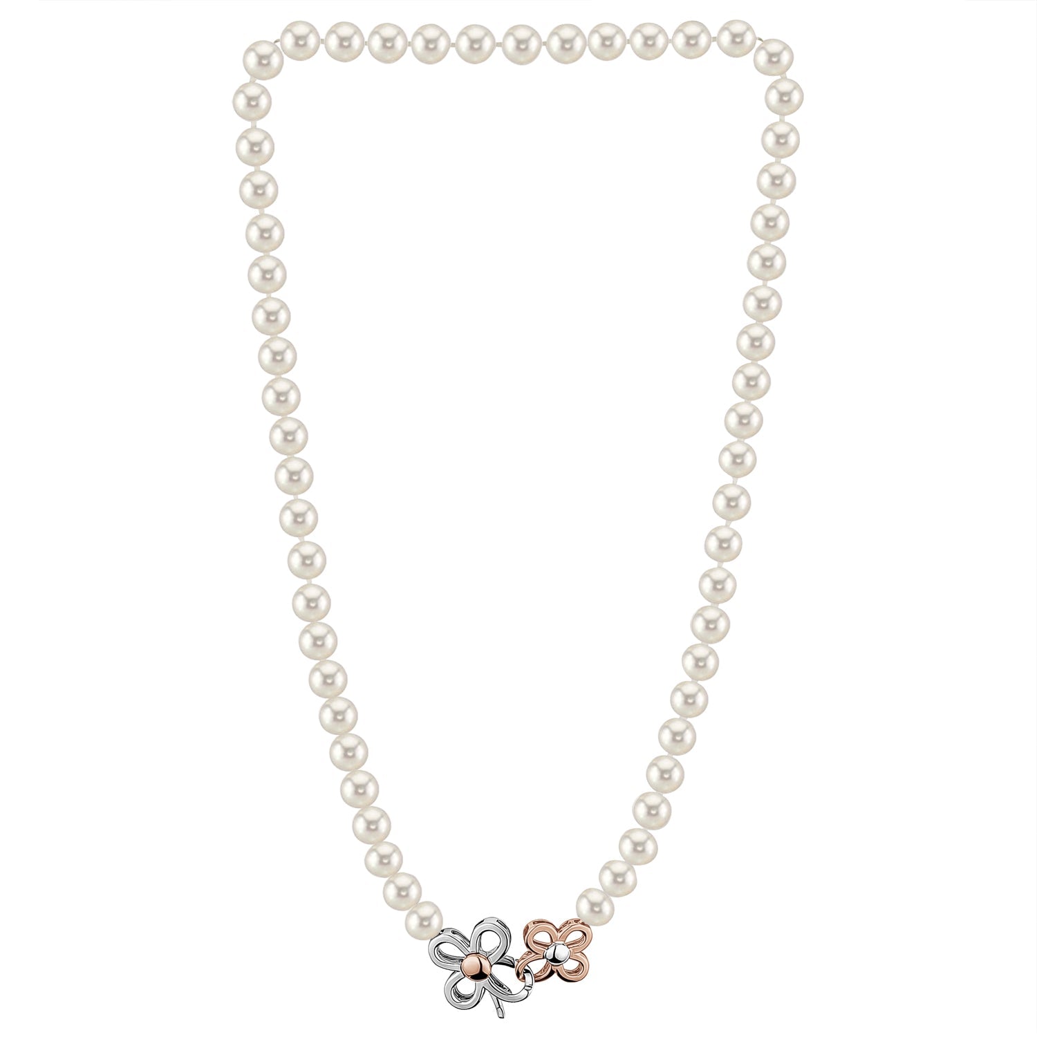 MASSETE White Round Freshwater Cultured Pearl Necklace for Women Sterling Silver Flower Clover Clasp 7mm 19"