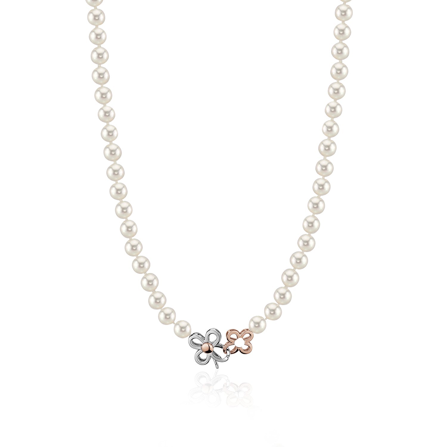 MASSETE White Round Freshwater Cultured Pearl Necklace for Women Sterling Silver Flower Clover Clasp 7mm 19"