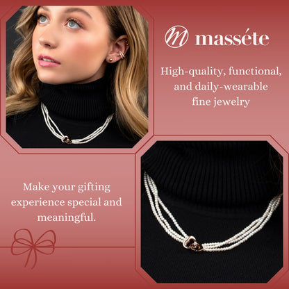 MASSETE White Small Round Freshwater Cultured Pearl Triple Strand Necklace for Women Sterling Silver Double Heart Clasp 2.5mm 18"