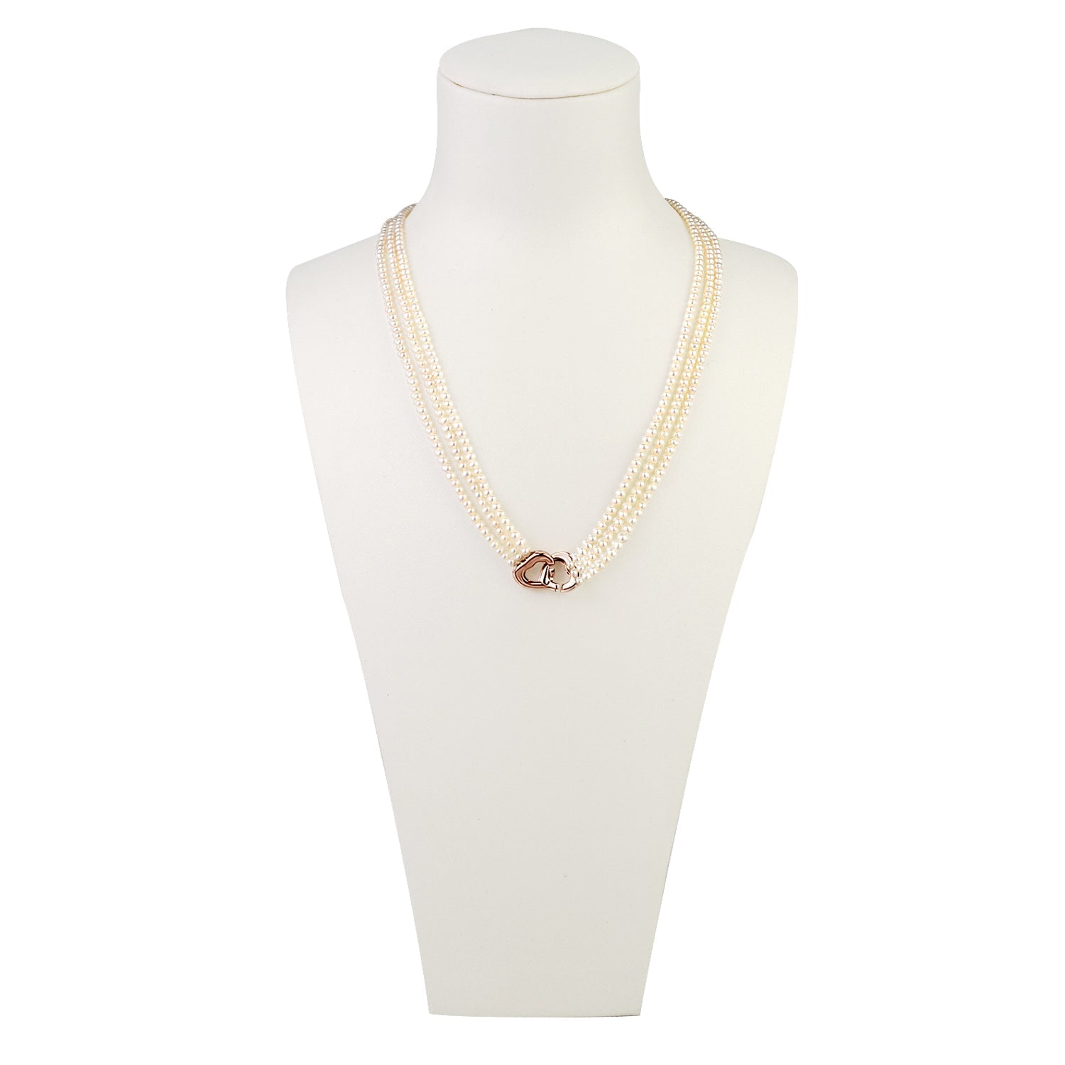 MASSETE White Small Round Freshwater Cultured Pearl Triple Strand Necklace for Women Sterling Silver Double Heart Clasp 2.5mm 18"