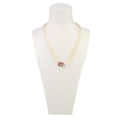 MASSETE White Small Round Freshwater Cultured Pearl Triple Strand Necklace for Women Sterling Silver Double Heart Clasp 2.5mm 18"