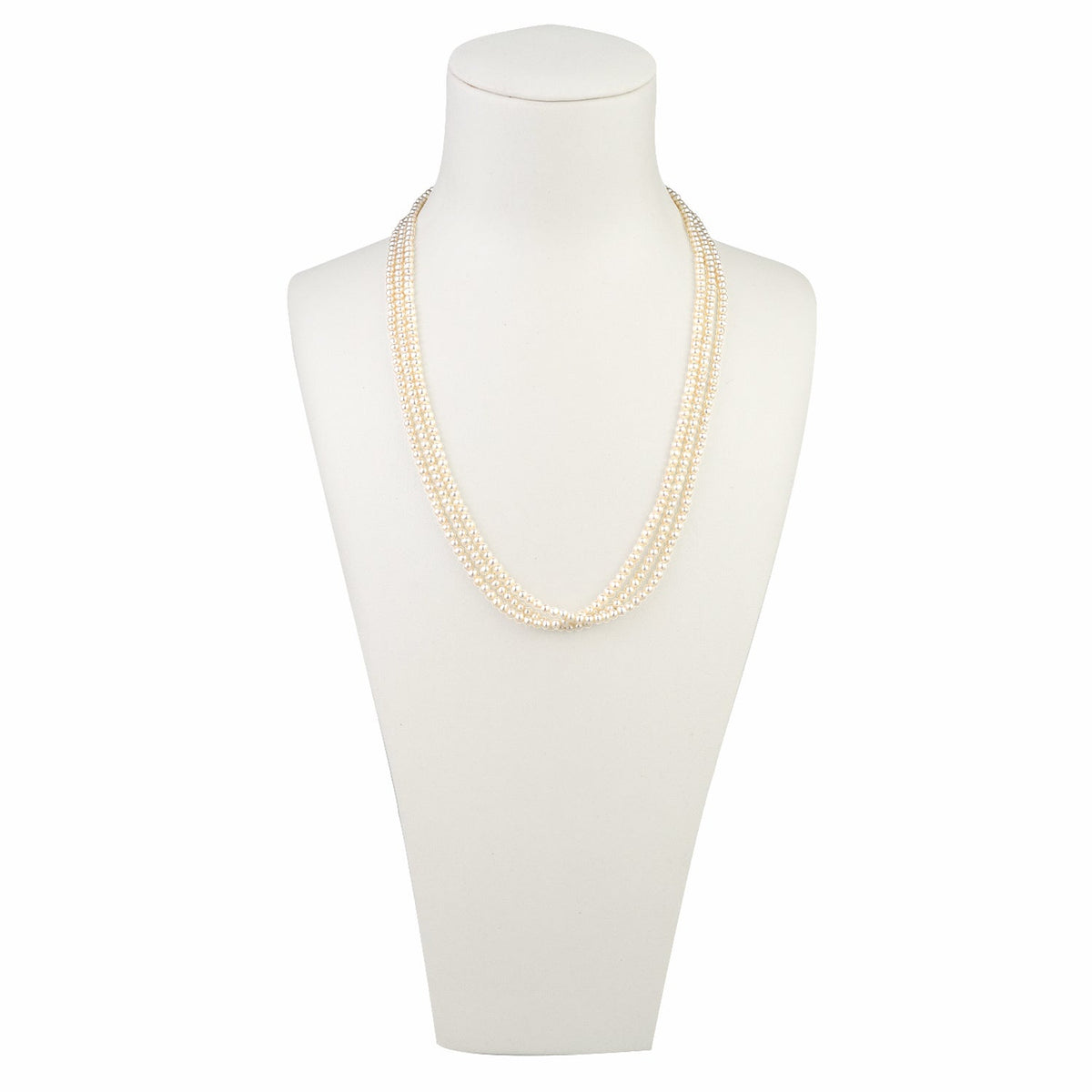 MASSETE White Small Round Freshwater Cultured Pearl Triple Strand Necklace for Women Sterling Silver Double Heart Clasp 2.5mm 18"