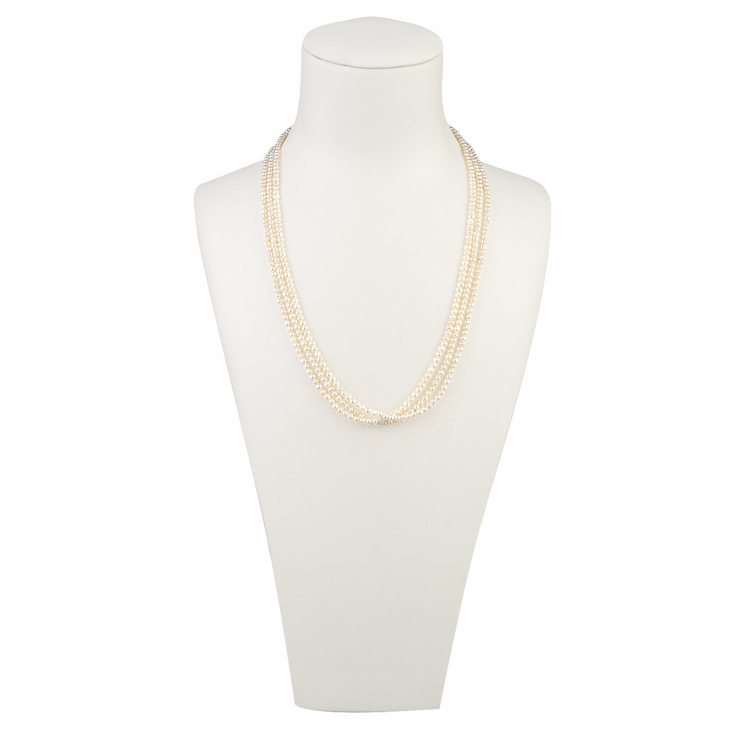 MASSETE White Small Round Freshwater Cultured Pearl Triple Strand Necklace for Women Sterling Silver Double Heart Clasp 2.5mm 18"