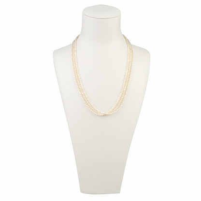 MASSETE White Small Round Freshwater Cultured Pearl Triple Strand Necklace for Women Sterling Silver Double Heart Clasp 2.5mm 18"