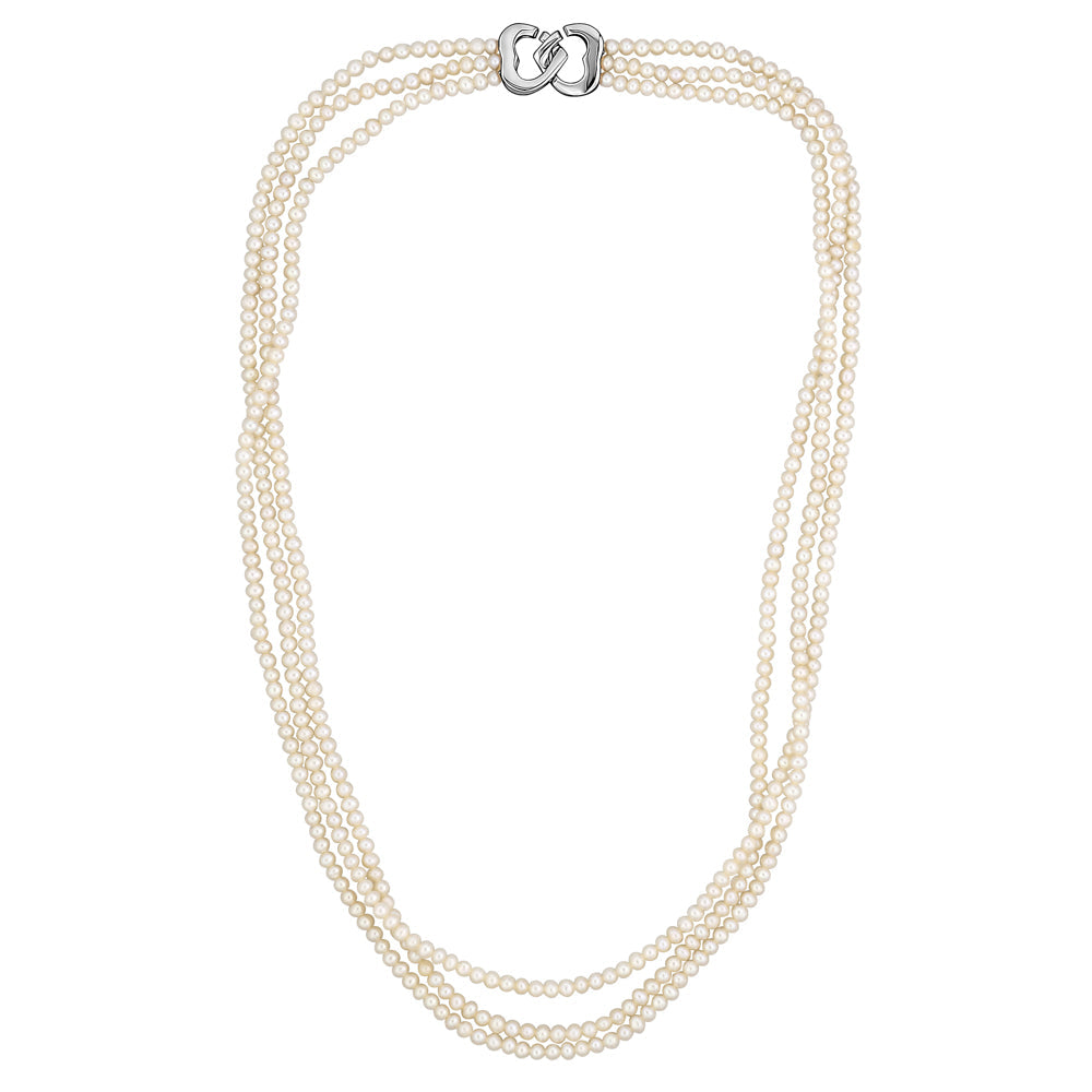 MASSETE White Small Round Freshwater Cultured Pearl Triple Strand Necklace for Women Sterling Silver Double Heart Clasp 2.5mm 18"