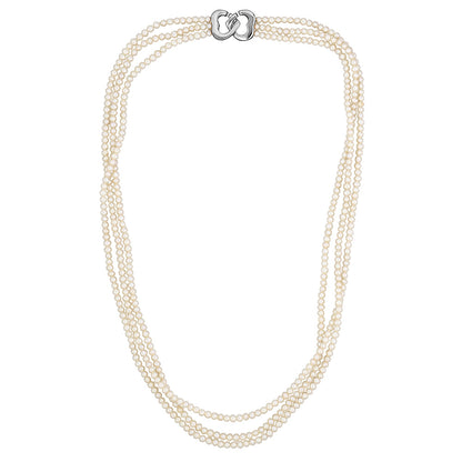 MASSETE White Small Round Freshwater Cultured Pearl Triple Strand Necklace for Women Sterling Silver Double Heart Clasp 2.5mm 18"