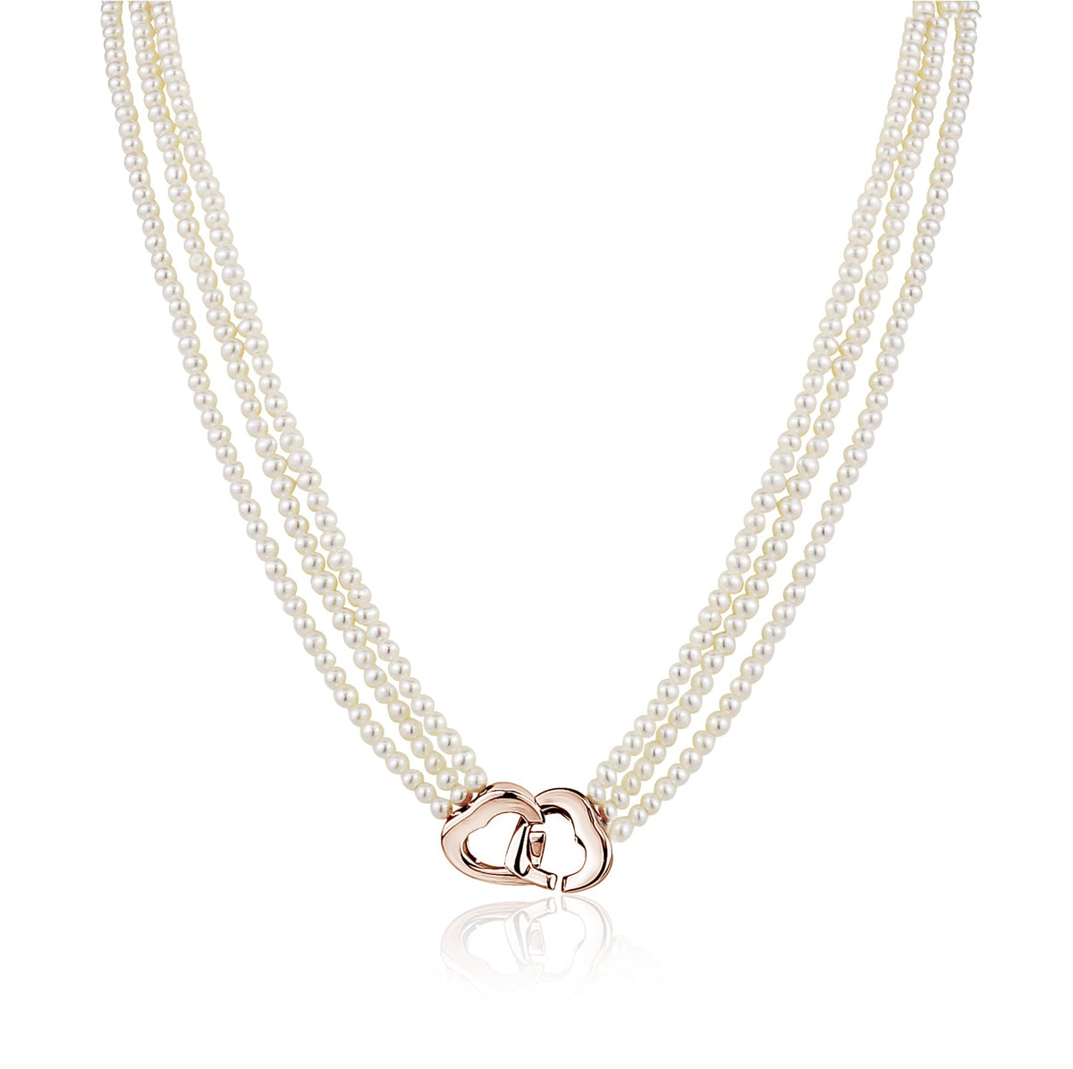 MASSETE White Small Round Freshwater Cultured Pearl Triple Strand Necklace for Women Sterling Silver Double Heart Clasp 2.5mm 18"