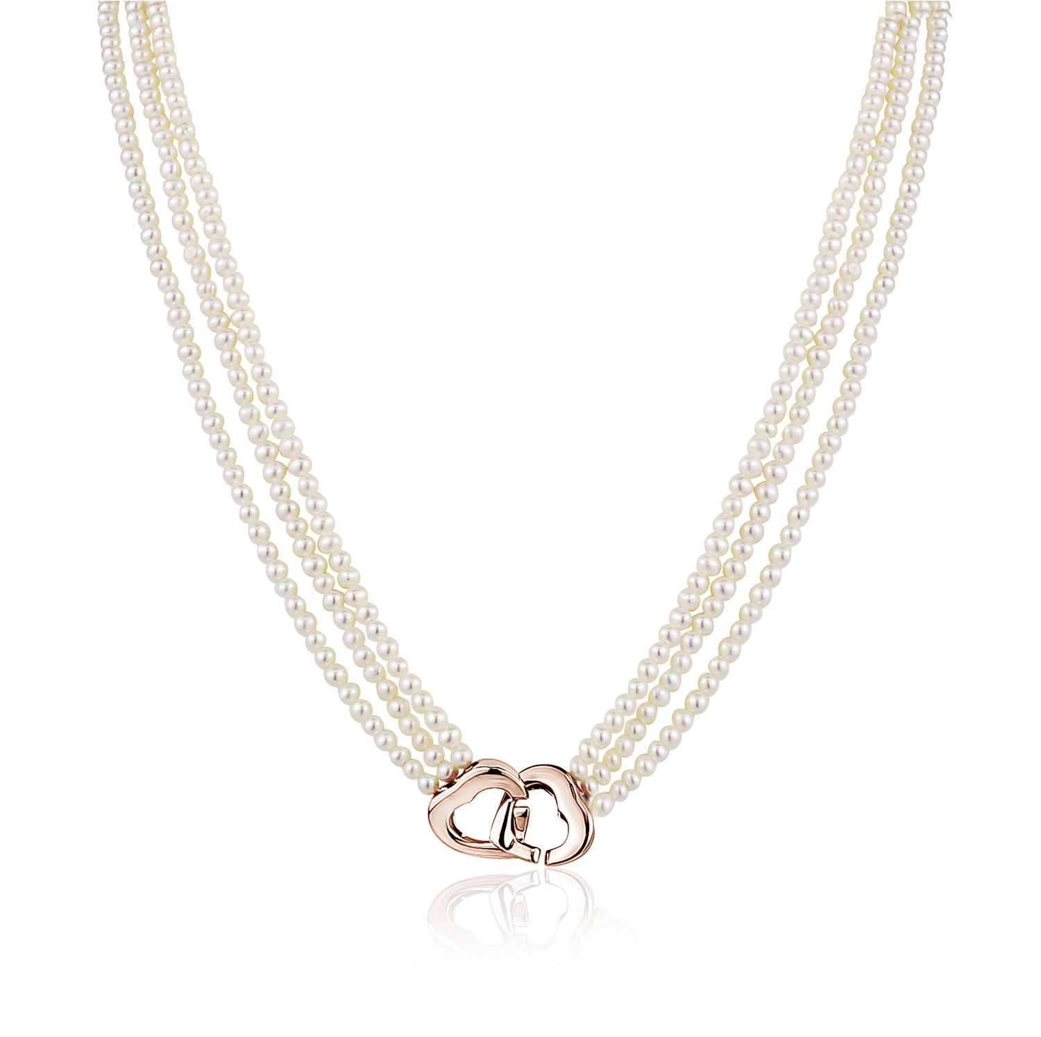 MASSETE White Small Round Freshwater Cultured Pearl Triple Strand Necklace for Women Sterling Silver Double Heart Clasp 2.5mm 18"