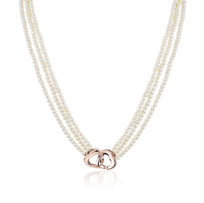 MASSETE White Small Round Freshwater Cultured Pearl Triple Strand Necklace for Women Sterling Silver Double Heart Clasp 2.5mm 18"