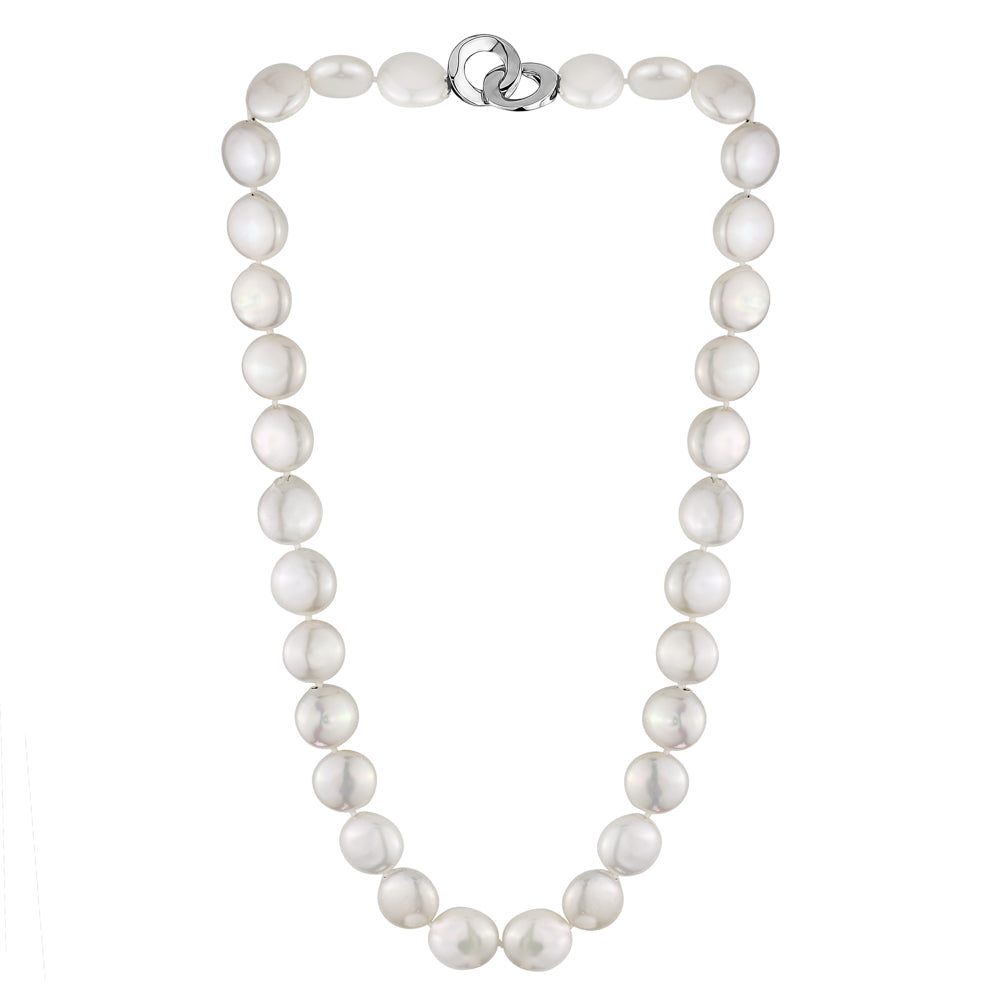 MASSETE White Coin Freshwater Cultured Pearl Necklace for Women Sterling Silver Clasp Modern 12.5mm 18"