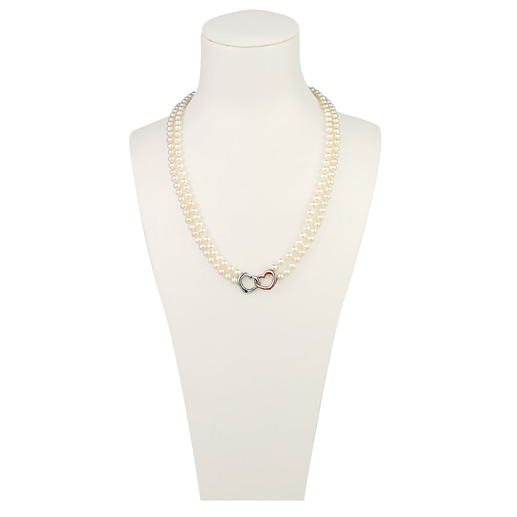 MASSETE White Round Freshwater Cultured Pearl Double Strand Necklace for Women Sterling Silver Rose Gold Plated Double Heart Clasp 4.5mm 18 inches
