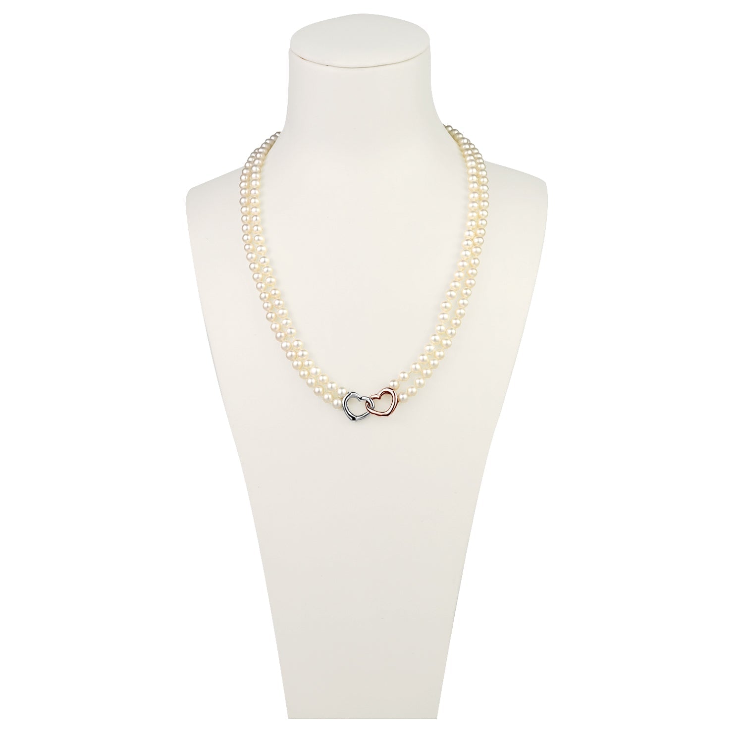MASSETE White Round Freshwater Cultured Pearl Double Strand Necklace for Women Sterling Silver Rose Gold Plated Double Heart Clasp 4.5mm 18 inches