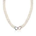 MASSETE White Round Freshwater Cultured Pearl Double Strand Necklace for Women Sterling Silver Rose Gold Plated Double Heart Clasp 4.5mm 18 inches
