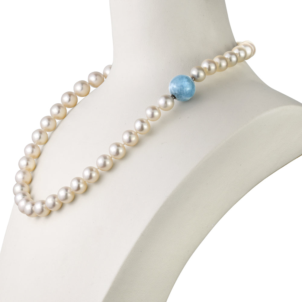 MASSETE White Round Freshwater Cultured Pearl Necklace for Women Aquamarine Sphere Invisible Clasp 10mm 17"