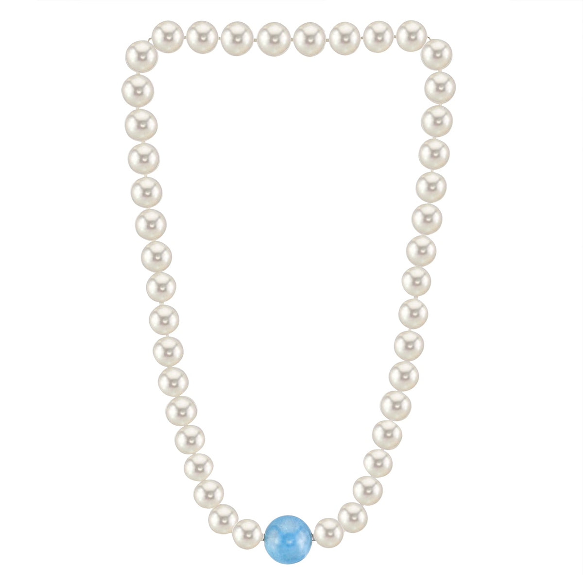 MASSETE White Round Freshwater Cultured Pearl Necklace for Women Aquamarine Sphere Invisible Clasp 10mm 17"