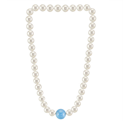 MASSETE White Round Freshwater Cultured Pearl Necklace for Women Aquamarine Sphere Invisible Clasp 10mm 17"