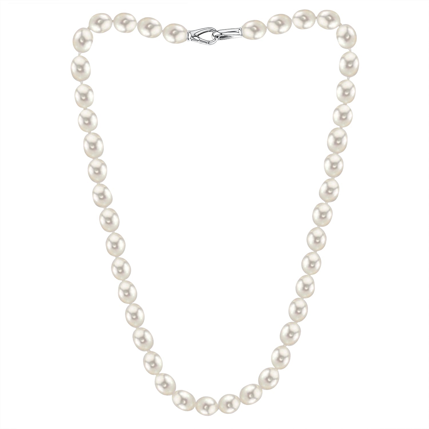 MASSETE White Rice Shape Freshwater Cultured Pearl Necklace for Women Sterling Silver Lobster Clasp Modern 9mm 18"