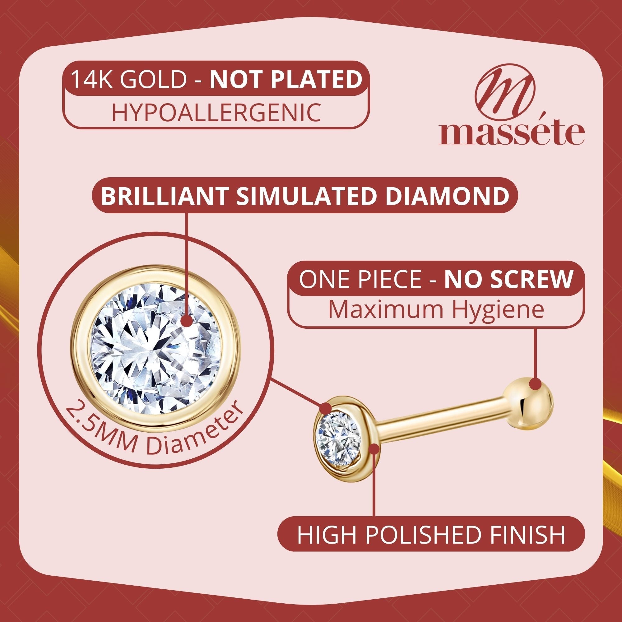 14k Solid Gold Nose Stud with Diamond CZ Small Micro Nose Bone Stud Flat Nose Ring One Piece Hypoallergenic 20 Gauge
