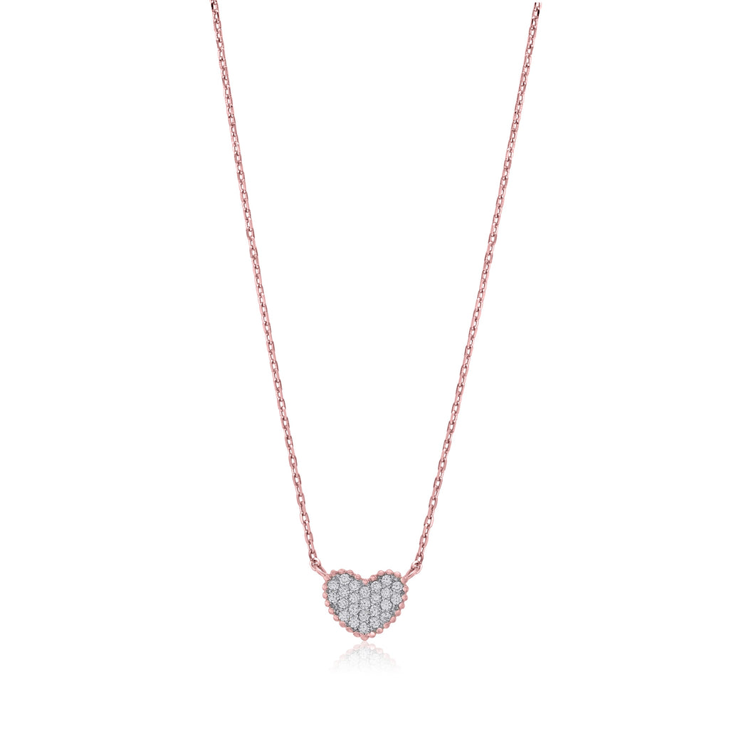 MASSETE Sterling Silver 925 Rose Gold Plated Heart Beaded Pave CZ Pendant Necklace Rolo Chain 17"