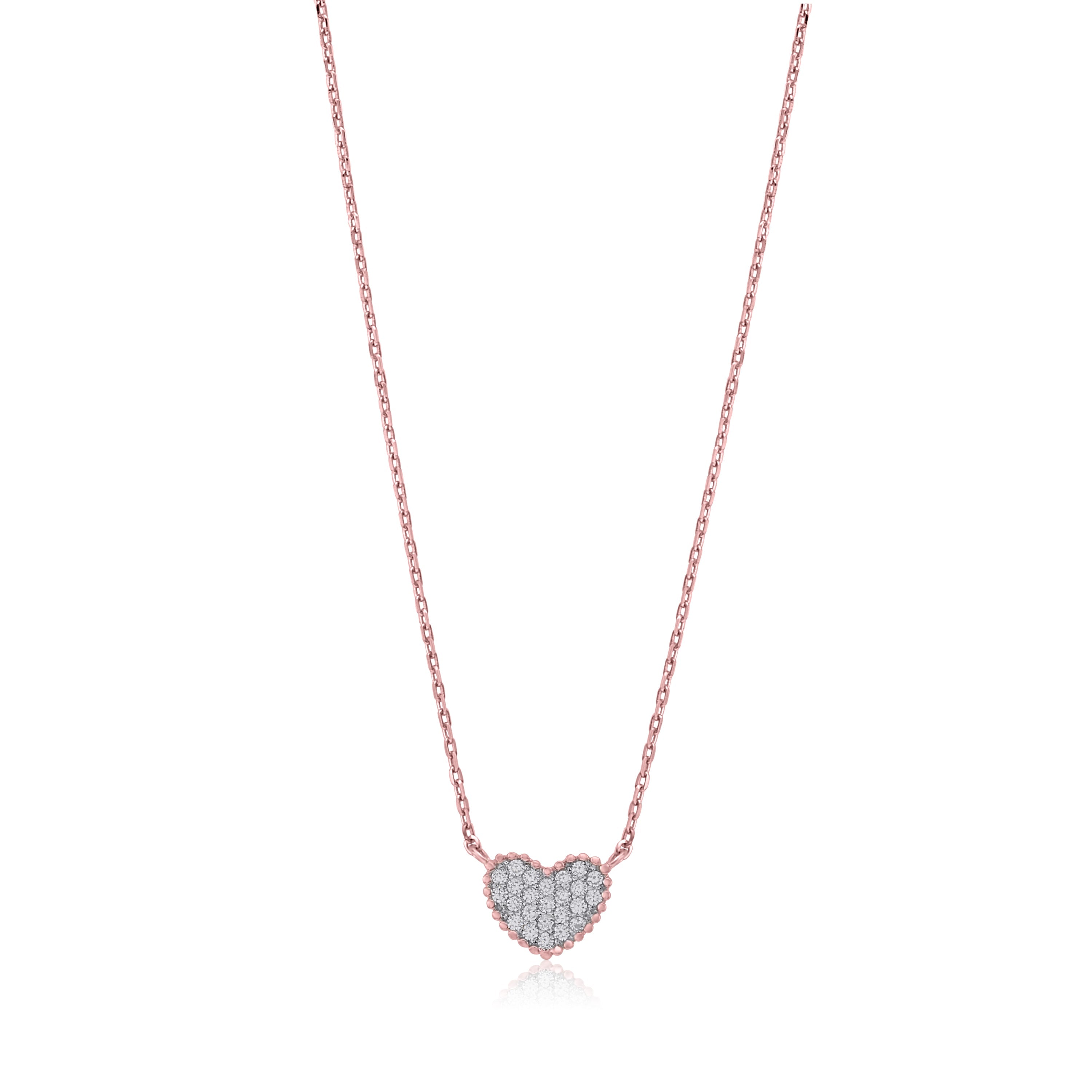 MASSETE Sterling Silver 925 Rose Gold Plated Heart Beaded Pave CZ Pendant Necklace Rolo Chain 17"