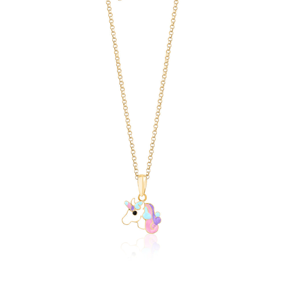 14k Yellow Gold Necklace Pendant Unicorn Colorful Enamel for Children and Girls
