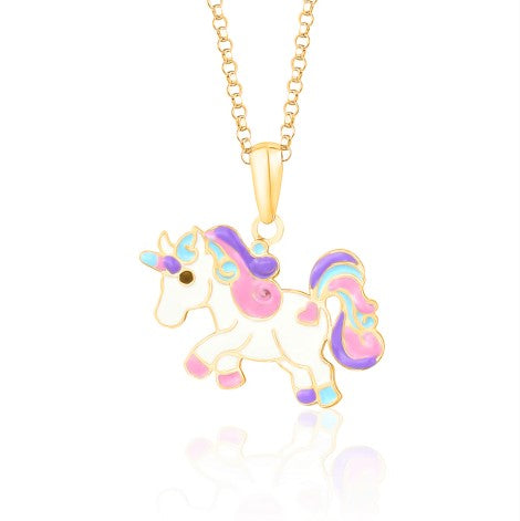 14k Yellow Gold Necklace Pendant Unicorn Trotting Colorful Enamel for Children and Girls