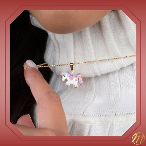 14k Yellow Gold Necklace Pendant Unicorn Trotting Colorful Enamel for Children and Girls