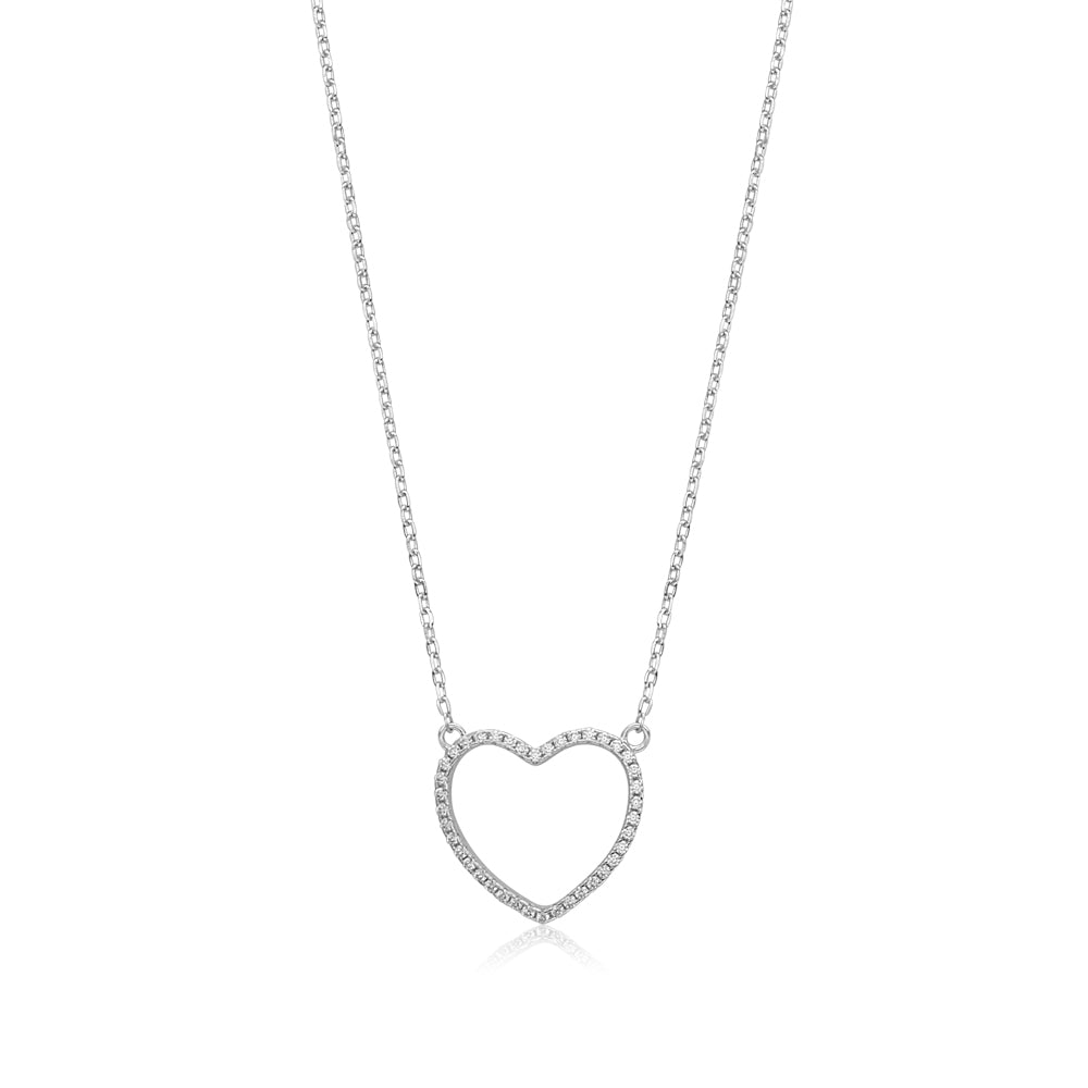 Sterling Silver Necklace Pendant for Girls Large Open Heart with Simulated Diamonds 17.5"