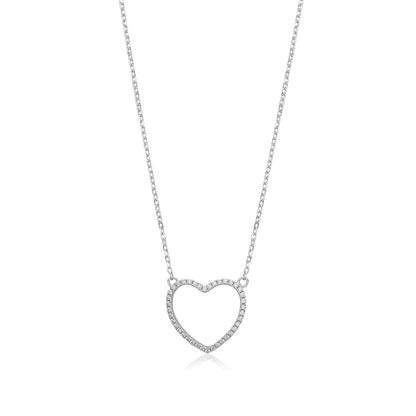 Sterling Silver Necklace Pendant for Girls Large Open Heart with Simulated Diamonds 17.5"