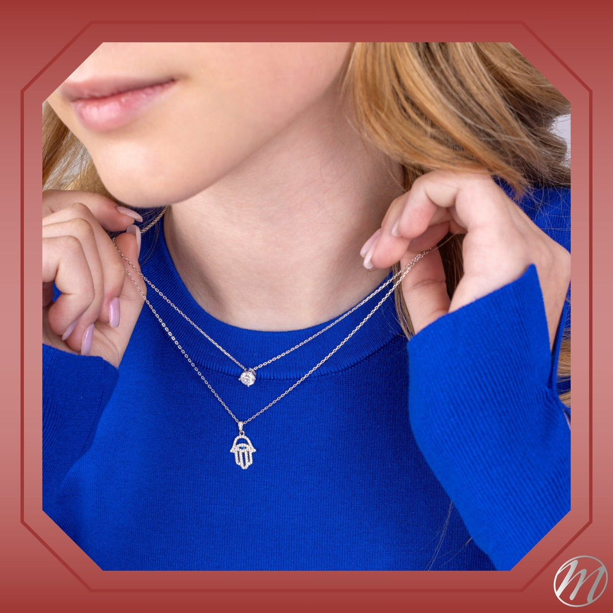 Sterling Silver Hamsa Necklace Pendant for Girls with Simulated Diamonds 17.5"
