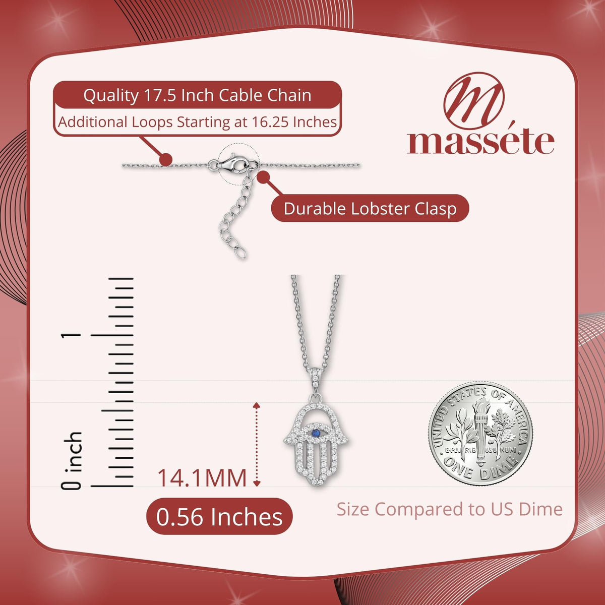 Sterling Silver Hamsa Necklace Pendant for Girls with Simulated Diamonds 17.5"